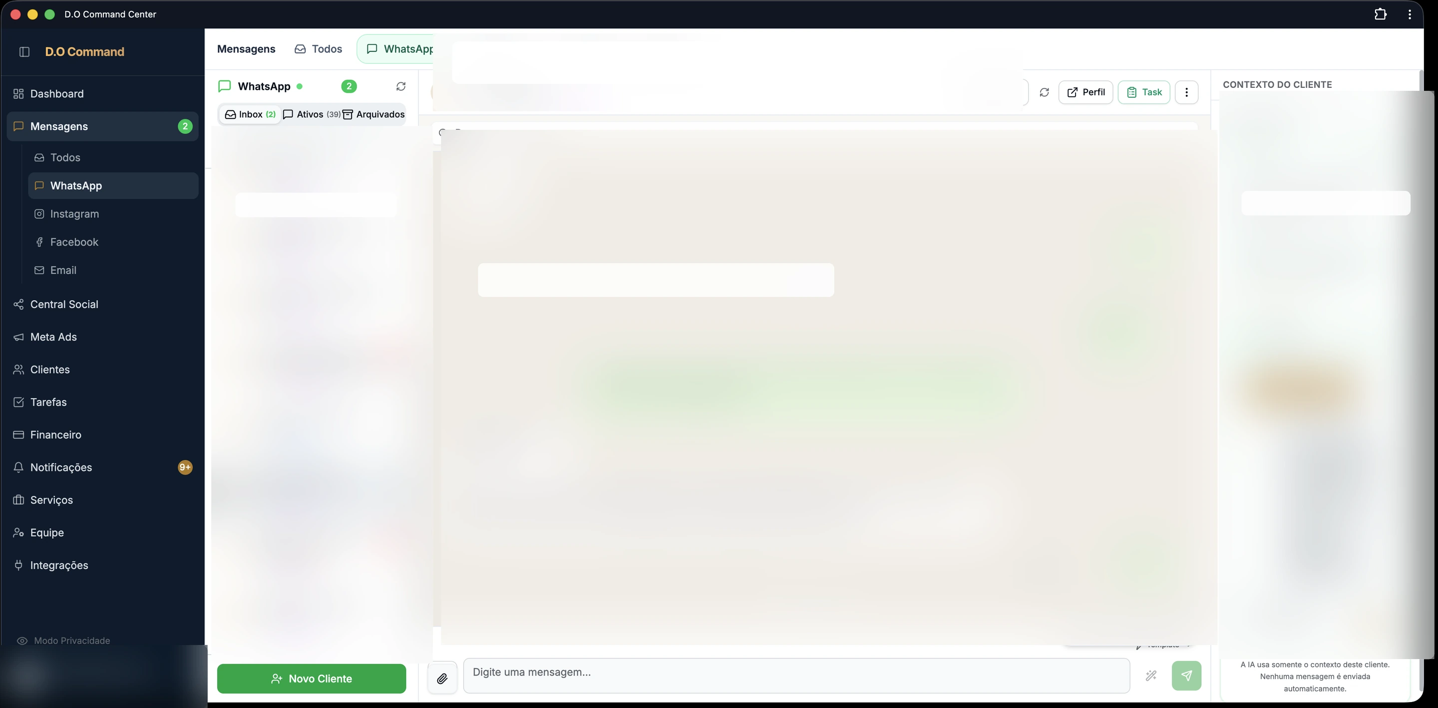 Interface real sanitizada do D.O Command, com dados de clientes removidos.